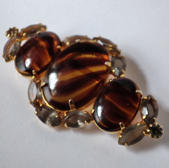 Glass Tortoise Striped Prong Set Brooch Gold Tone Smoke Open Back Prong Set Pin - Picture 5 of 10